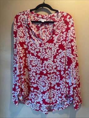 Velvet Red and White Floral V-Neck Blouse